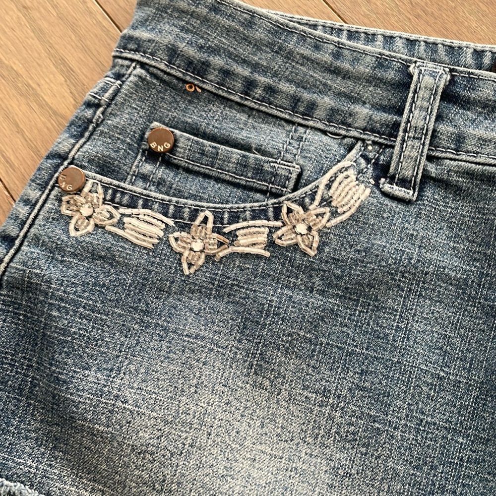 Bonage Jeans Distressed Sequin Denim Mini Skirt Patchwork Low Rise Stretchy 9/10 - Picture 14 of 16